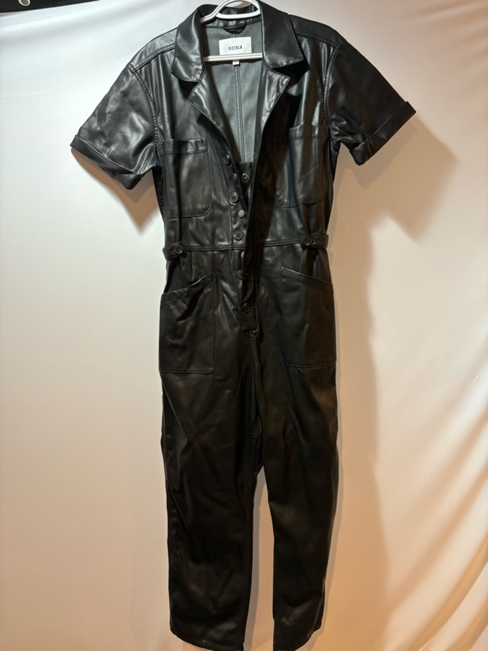 pistola Black Faux Leather Short-Sleeve Jumpsuit